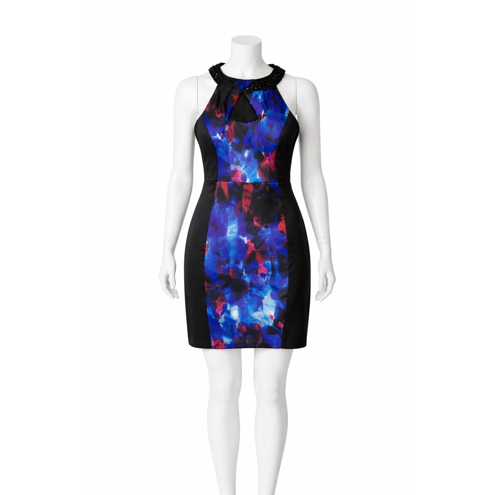 JAX Floral Sheath Dress Women 12 Black Blue Beaded Halter Neck - Picture 1 of 12